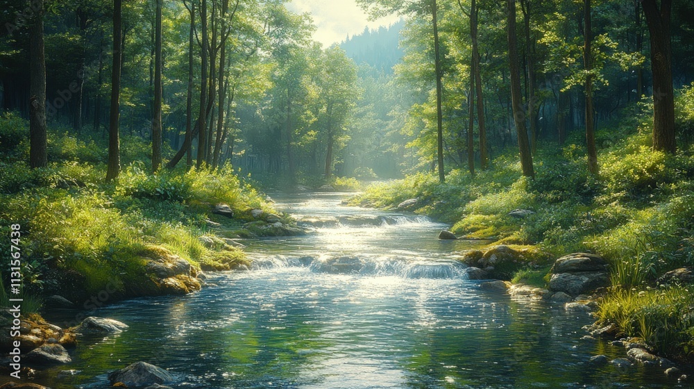 Fototapeta premium Sunlit stream flows through lush green forest.
