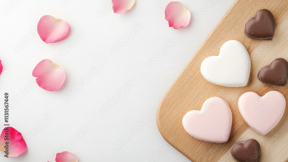 Fototapeta premium Heart-shaped dry yogurt desserts with rose petals on wooden board for valentine's day inspiration
