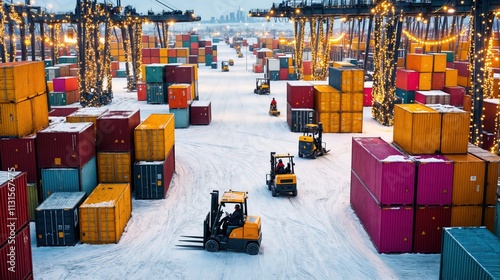 Snow-covered shipping yard with forklifts transporting colorful containers under festive lights.
