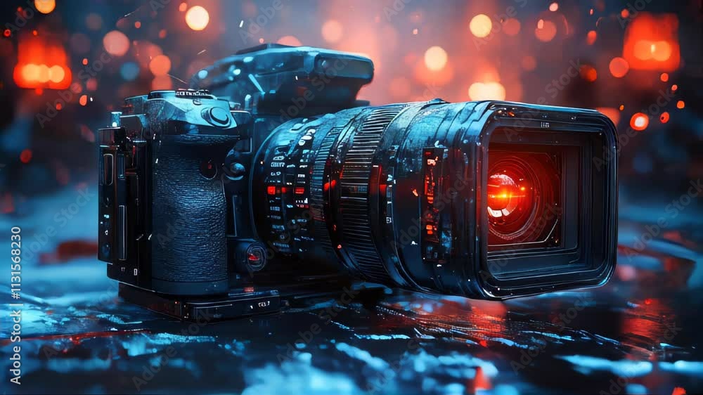 Close-up of a professional video camera capturing a vibrant street scene with bokeh lights in the background, emphasizing the focus on equipment and cinematic style