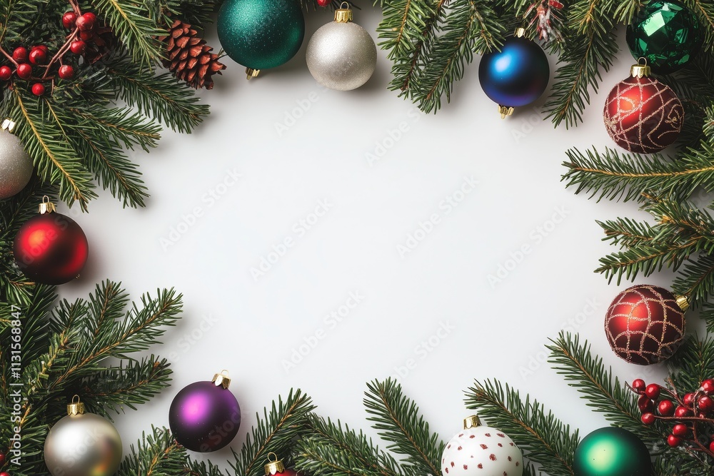 Moldura de natal com galhos de pinheiro, bolas coloridas e pinhas, sobre fundo branco, criada com IA generativa. Moldura de natal com galhos de pinheiro, bolas coloridas e pinhas, sobre fundo branco, criada com IA generativa.
