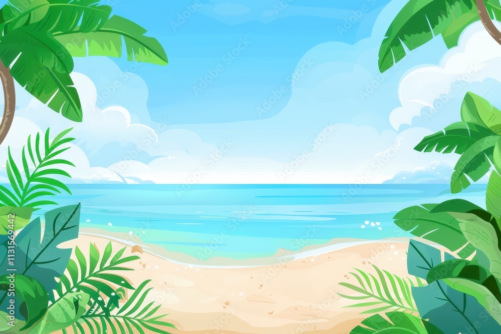 Fototapeta premium Tropical Beach Scene with Lush Green Palm Trees and Blue Ocean