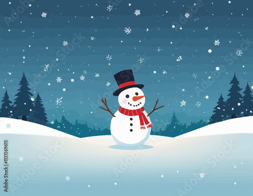 Christmas and happy new year greeting card with copy-space and Cute snowman standing in winter christmas landscape snow falling