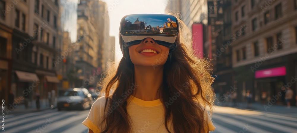 Obraz premium Young woman explores city street while wearing virtual reality headset in afternoon light