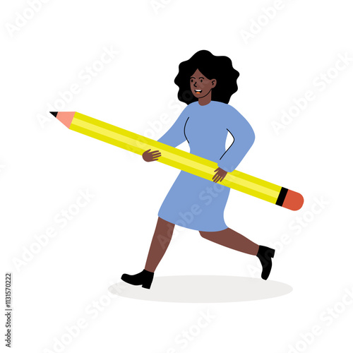 Woman in blue dress joyfully running with an oversized yellow pencil