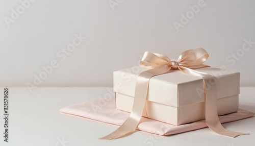 Elegant gift box with ribbon on pink fabric