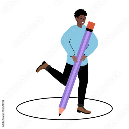 Creative person holds oversized pencil while standing within a circle, showcasing artistic potential