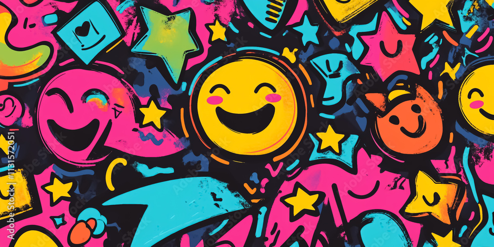 Obraz premium Bubble fonts, smiley faces, stars, and funky arrows in bright, eye-catching hues, interspersed with quirky motivational phrases.