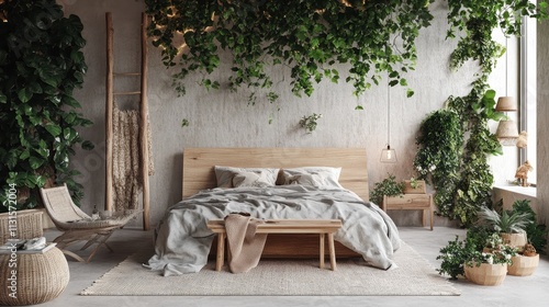 Serene Bedroom Decor With Lush Greenery And Wooden Furnishings photo