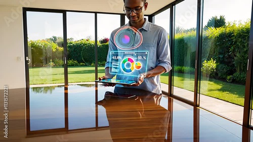 Man Using Augmented Reality Interface with Holographic Data Visualizations in a Bright Modern Office

 photo