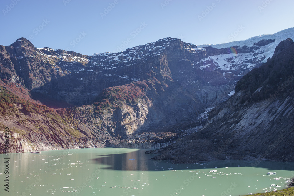 Obraz premium RP82, Rio Negro province, Argentina - May 9th, 2023 - View of Cerro Tronador and Ventisquero Negro Lagoon.