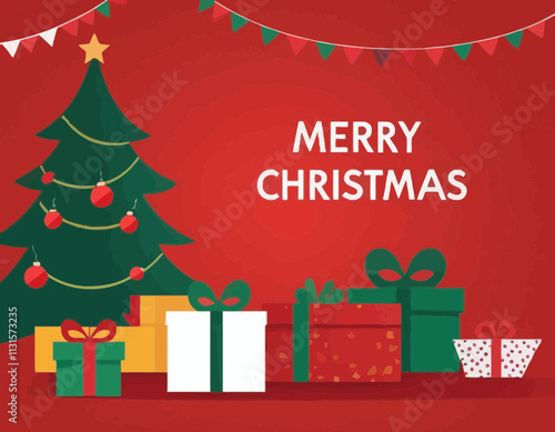 Merry Christmas banner red tablecloth product display with copy space and gift box decorate christmas tree background