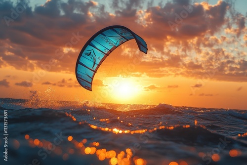 Stunning kitesurfing silhouette at sunset, vibrant colors, ocean waves, extreme sports action.