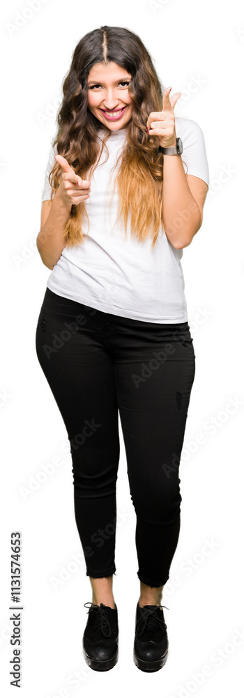 Fototapeta premium Young beautiful woman wearing casual white t-shirt pointing fingers to camera with happy and funny face. Good energy and vibes.