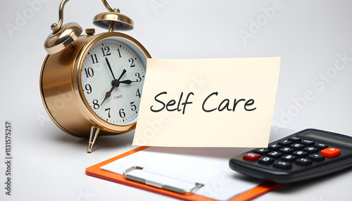 Writing note showing Self Care. Business concept for practice of taking action preserve or improve ones own health Alarm clock crushed note calculator pencil clipboard color background isolated with photo