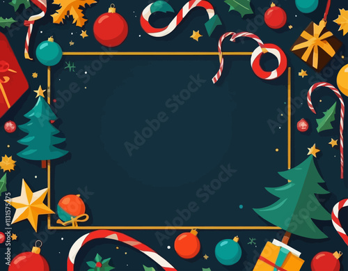 Merry Christmas sign banner frame with empty space and festive decoration on abstract background