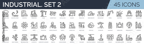 Set of 45 outline icons related to industrial. Second set. Linear icon collection. Editable stroke. Vector illustration	