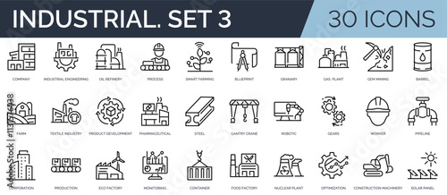 Set of 30 outline icons related to industrial. Third set. Linear icon collection. Editable stroke. Vector illustration	