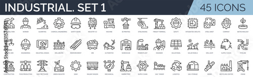 Set of 45 outline icons related to industrial. First set. Linear icon collection. Editable stroke. Vector illustration	