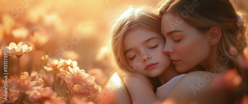 Mother and daughter share a tender moment in a blooming flower field at sunset