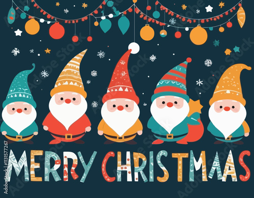 Merry Christmas banner with cute gnome and festive decoration for christmas