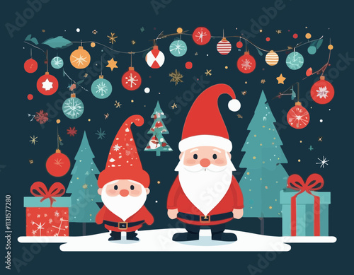 Merry Christmas banner with cute gnome and festive decoration for christmas