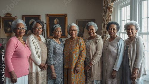 A group of elderly African women are standing in a room and smiling. Church mothers community 