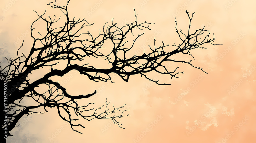 Fototapeta premium Silhouettes and compositions blending geometric, elegant tree branch silhouette over soft pastel background. Shadowplay. Illustration