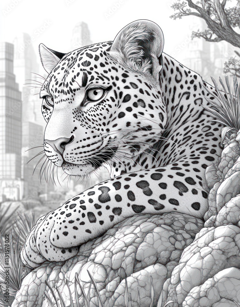 Obraz premium Majestic leopard resting on rocks overlooking a cityscape.