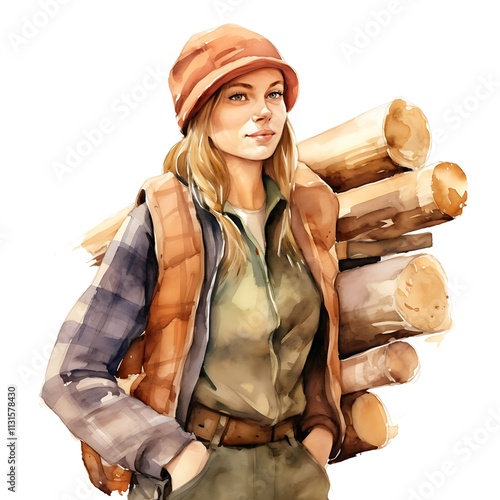 Forest ranger carrying log while hiking in wilderness watercolor painting photo