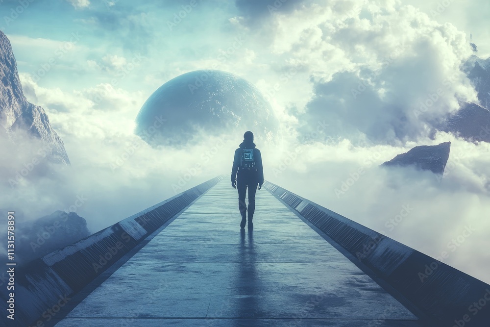 Obraz premium Person walks path, clouds, mountains, large sphere.