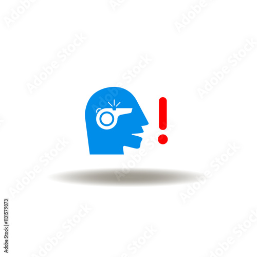 Vector illustration of head with whistle and exclamation mark. Icon of informant. Symbol of whistle blower. Sign of referee.