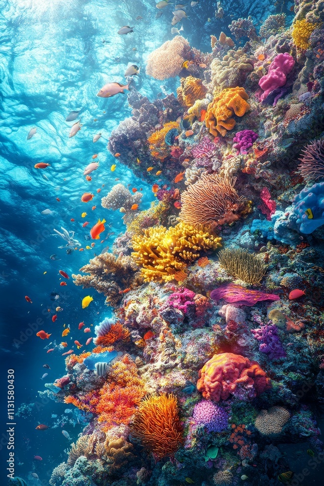 Fototapeta premium Vibrant coral reef teeming with colorful fish.