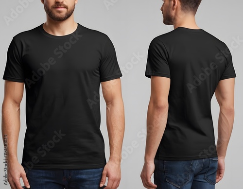 young model man in black t shirt front and side view closeup isolated on grey background photo