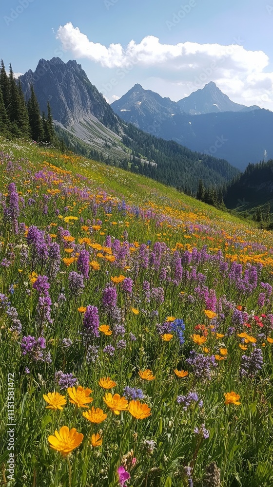 Fototapeta premium Vibrant wildflower field near mountains during sunny daytime in spring