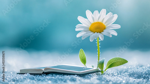 A daisy with books and digital tablets sprouting from its petals, representing the integration of traditional education with modern technology. 