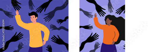 Illustration of a young man pushing away dark hands in a symbolic representation of struggle