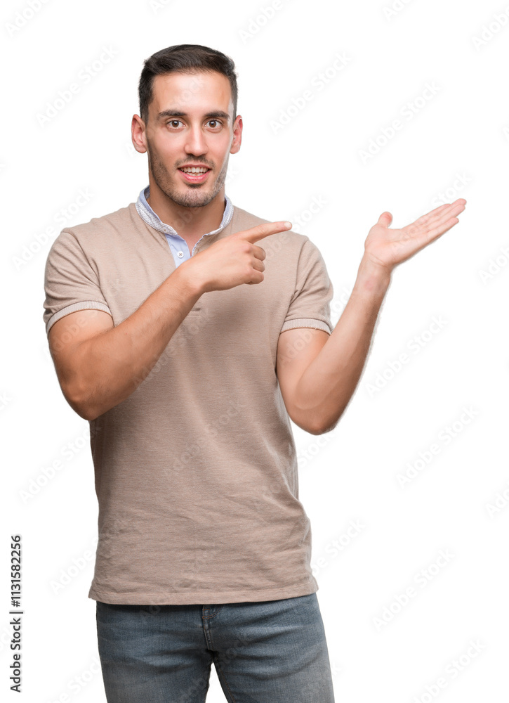 Handsome young man very happy pointing with hand and finger Handsome young man very happy pointing with hand and finger