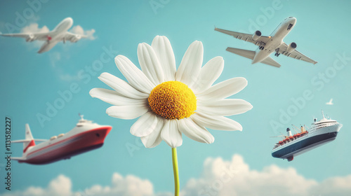 A daisy with different modes of transportationtrains, ships, airplanesgrowing from its petals, symbolizing global connectivity and exploration. 