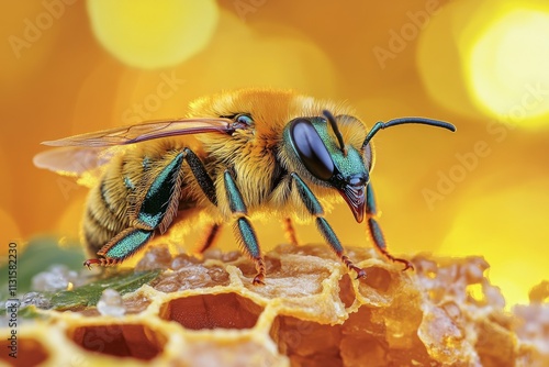 Close up of a vibrant bee collecting nectar from honeycomb in a beehive during daylight photo