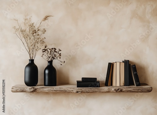 Beige wall with a wooden shelf holding black vases, books, and dry flowers photo