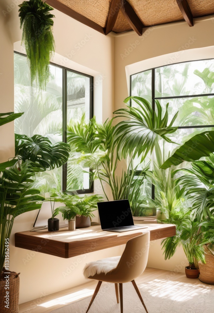 Fototapeta premium serene laptop workspace surrounded lush greenery soft textures relaxing deep focus environment, nature, foliage, forest, screen, desk, setup, background