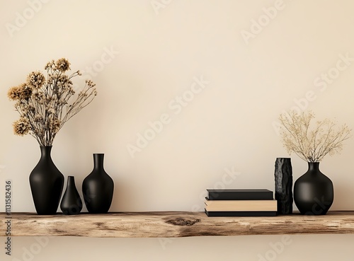 Beige wall with a wooden shelf holding black vases, books, and dry flowers photo