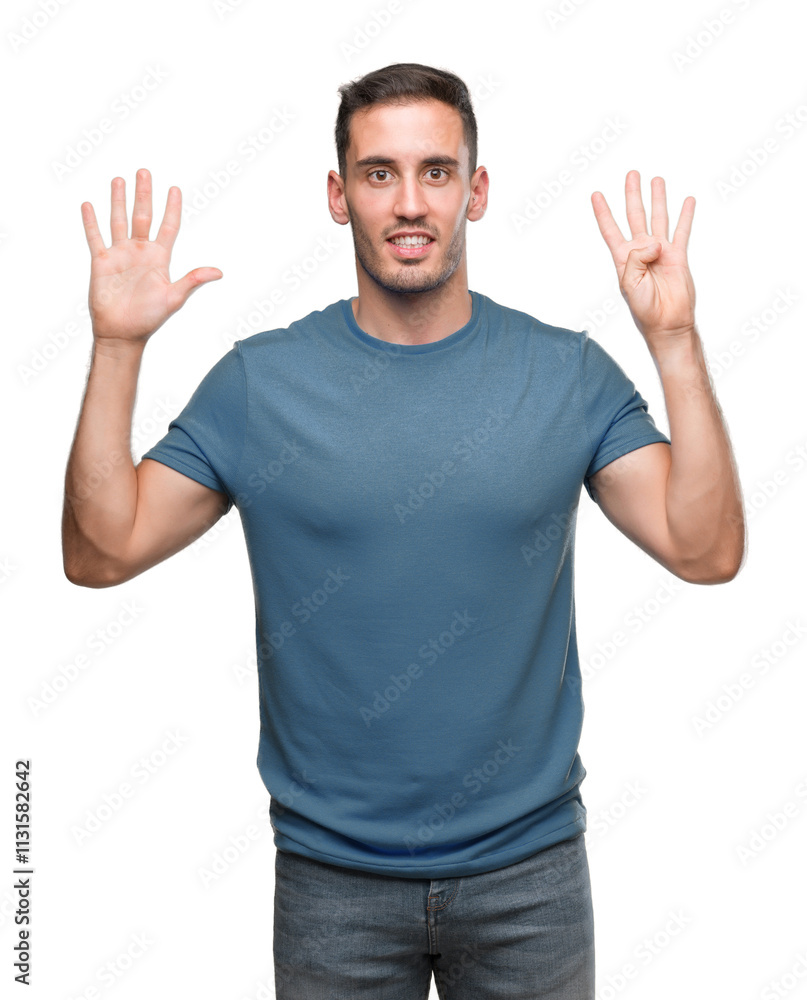 Naklejka premium Handsome young casual man showing and pointing up with fingers number nine while smiling confident and happy.