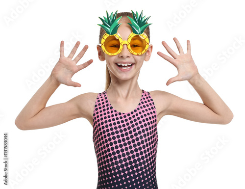 Happy girl in beachwear and sunglasses on white background photo