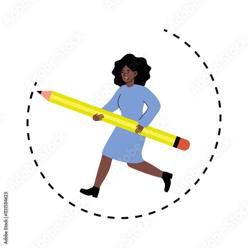 Woman joyfully running with a large yellow pencil in a creative and playful manner