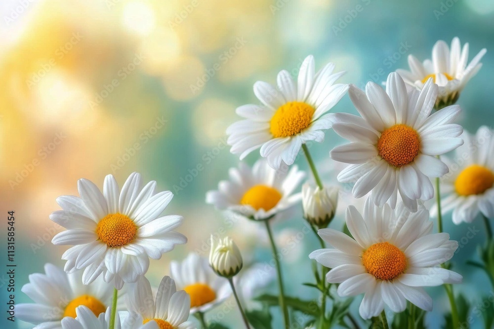 Fototapeta premium Beautiful white daisies bloom in a sunny garden during spring season
