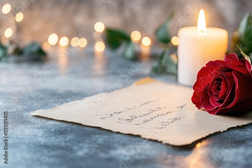 Romantic candlelit scene with rose and handwritten love letter on table photo