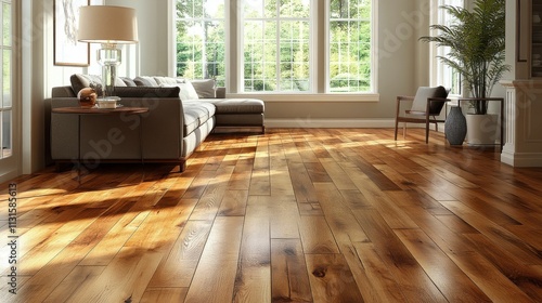 Elegant hardwood flooring reflecting warm light in modern living room
