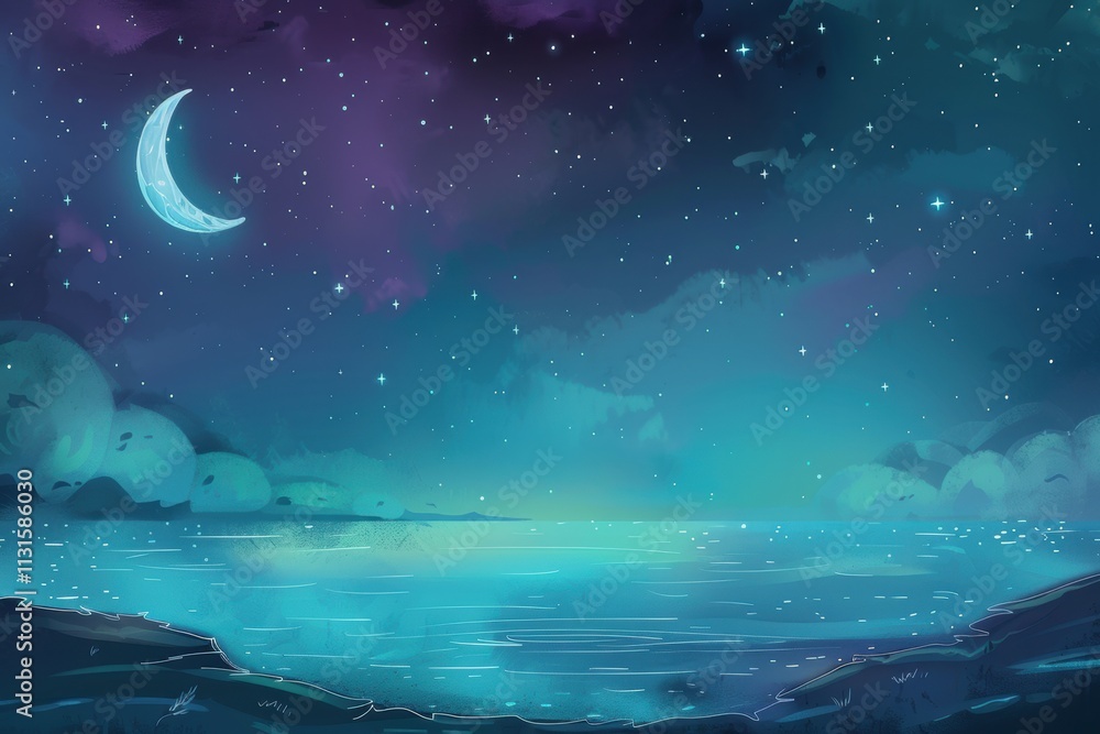 Fototapeta premium Nighttime Seascape with a Crescent Moon and Stars